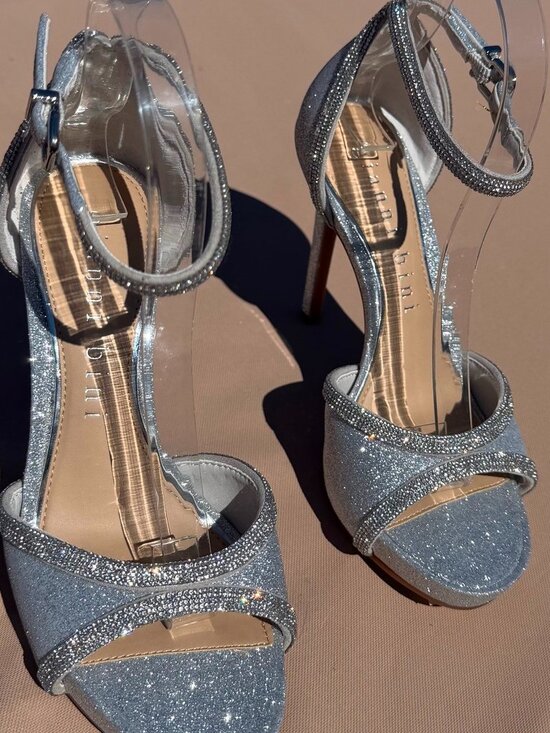 Gianni Bini Shoes - Gianni Bini Constantz Silver Glitter Stiletto Heel Ankle Strap Sandals